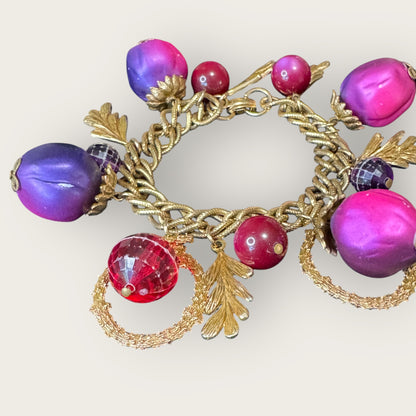 Vintage 1960s–70s Fruit Charm Bracelet with Bold Pink, Purple & Red Beads – 7” Statement Piece