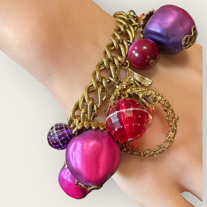 Vintage 1960s–70s Fruit Charm Bracelet with Bold Pink, Purple & Red Beads – 7” Statement Piece