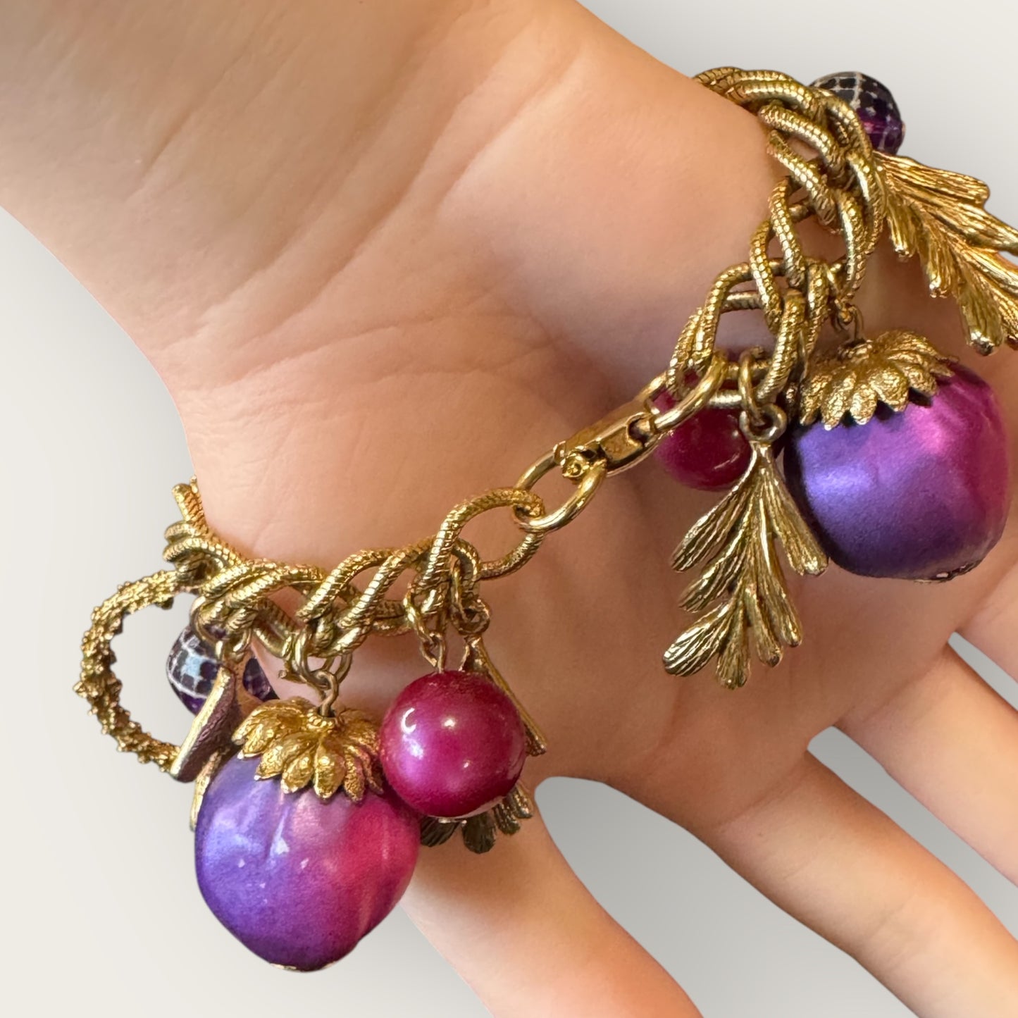 Vintage 1960s–70s Fruit Charm Bracelet with Bold Pink, Purple & Red Beads – 7” Statement Piece
