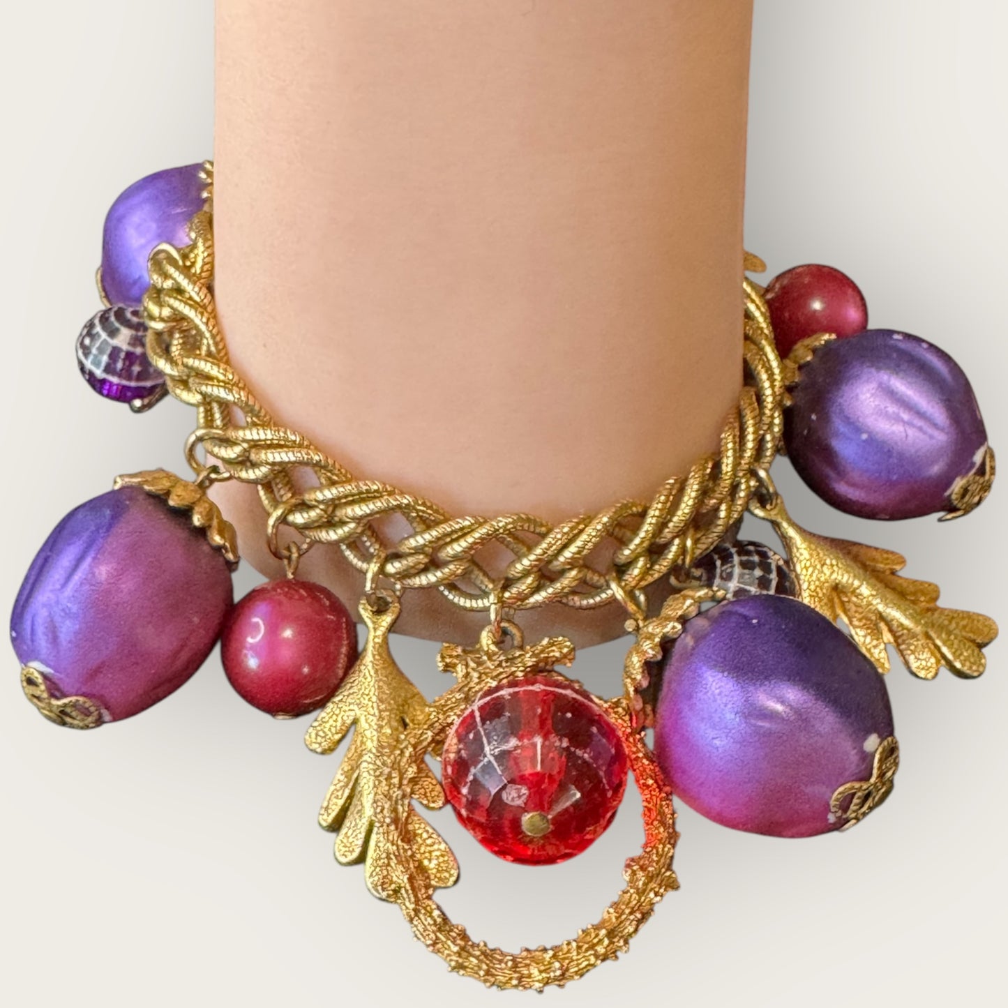 Vintage 1960s–70s Fruit Charm Bracelet with Bold Pink, Purple & Red Beads – 7” Statement Piece