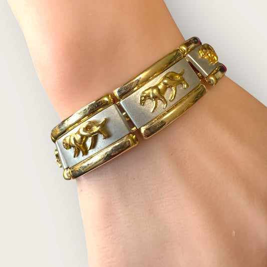 Vintage Two-Tone Panther Link Bracelet – Bold Gold and Silver Statement Piece