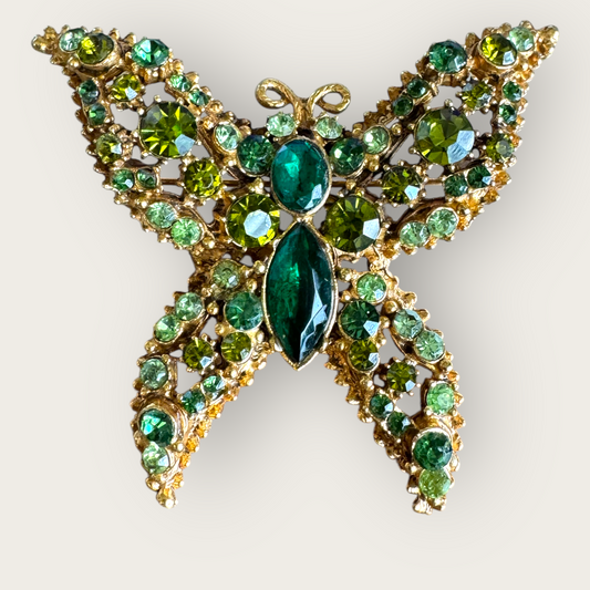 Signed Weiss Vintage Green Butterfly Brooch with Uranium Glass – Heavy Gold Tone Statement Pin | Private Collection