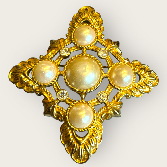Vintage KJL for Avon Pearl and Rhinestone Brooch Pendant – Ornate Gold-Tone Statement Pin