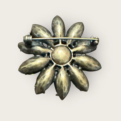Vintage Green & Topaz Flower Brooch – Mixed Glass & Lucite Stones, Gold-Tone Setting