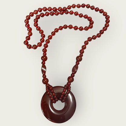 Vintage Carnelian Bi Disk Necklace – Hand-Knotted Gemstone Beads, 35” Long Statement Pendant