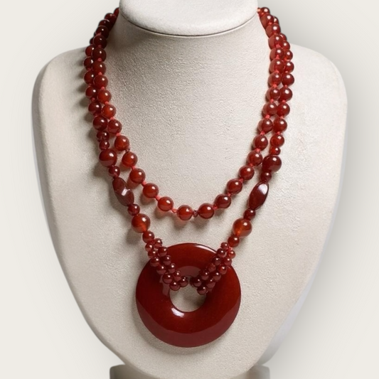 Vintage Carnelian Bi Disk Necklace – Hand-Knotted Gemstone Beads, 35” Long Statement Pendant