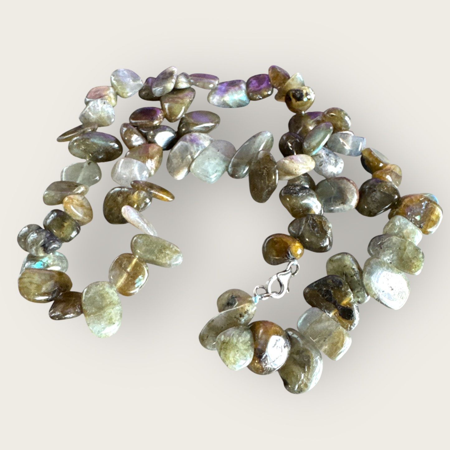 Vintage Chunky Labradorite Nugget Necklace – 925 Sterling Silver Clasp – 18”