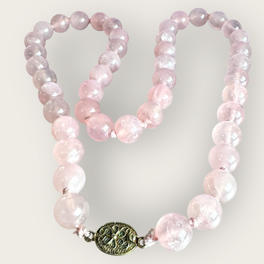 Vintage 12mm Rose Quartz Bead Necklace – 24 Inch Strand with Signed Silver Clasp