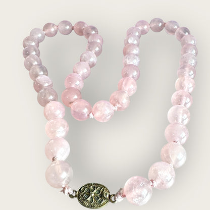 Vintage 12mm Rose Quartz Bead Necklace – 24 Inch Strand with Signed Silver Clasp