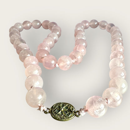 Vintage 12mm Rose Quartz Bead Necklace – 24 Inch Strand with Signed Silver Clasp