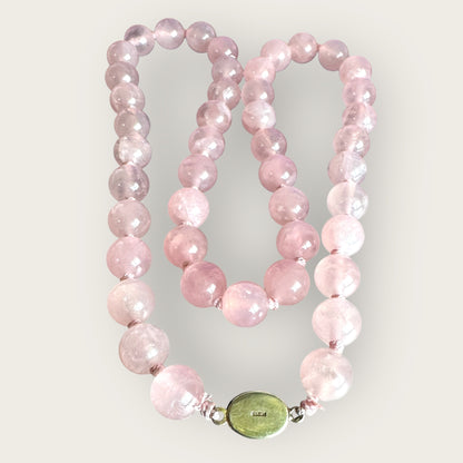 Vintage 12mm Rose Quartz Bead Necklace – 24 Inch Strand with Signed Silver Clasp