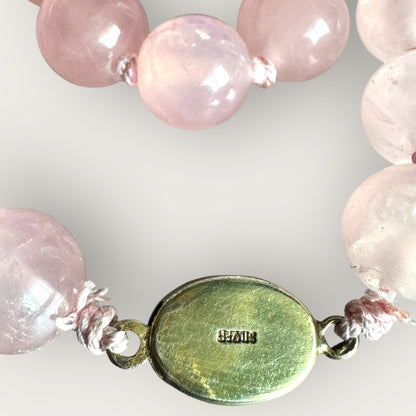 Vintage 12mm Rose Quartz Bead Necklace – 24 Inch Strand with Signed Silver Clasp