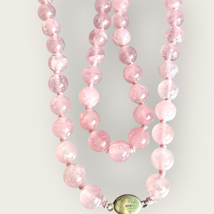 Vintage 12mm Rose Quartz Bead Necklace – 24 Inch Strand with Signed Silver Clasp