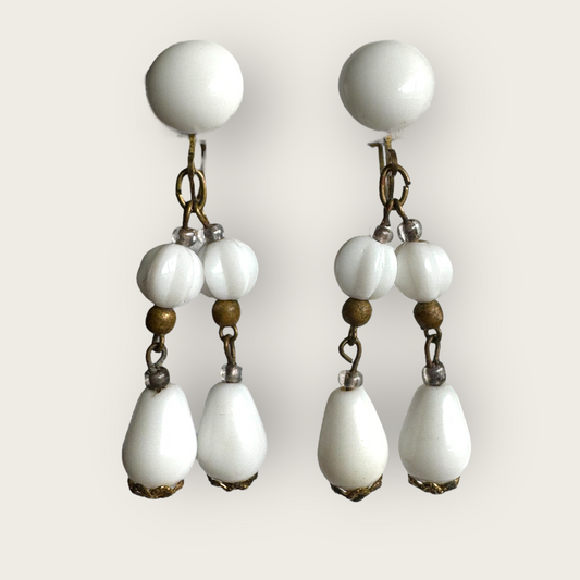 Vintage Germany Milk Glass Dangle Earrings – Two-Strand Clip-On, 1950s