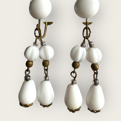 Vintage Germany Milk Glass Dangle Earrings – Two-Strand Clip-On, 1950s