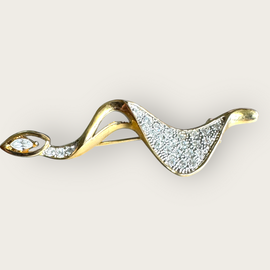 Vintage Gold-Tone Swirl Brooch with Marquise Rhinestone – 3 Inches