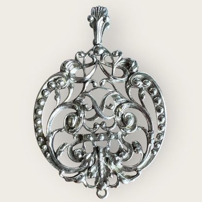 Vintage Signed Avon Baroque Revival Pendant – Bold Silver-Tone Filigree, 3.5” Statement Piece