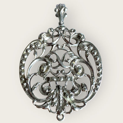 Vintage Signed Avon Baroque Revival Pendant – Bold Silver-Tone Filigree, 3.5” Statement Piece