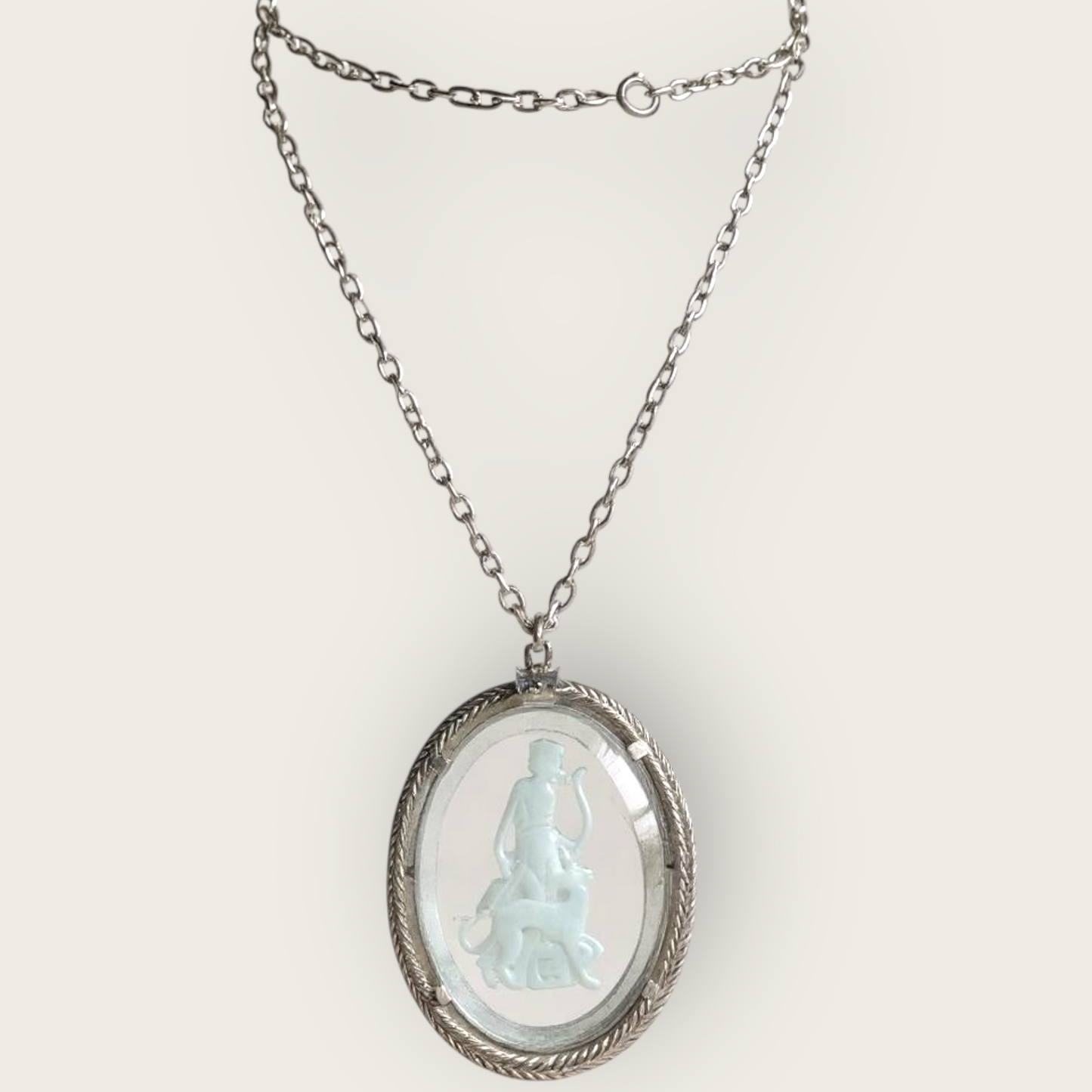 Vintage Avon Intaglio Glass Pendant Necklace – Huntress & Panther, Silver-Tone, 1970s