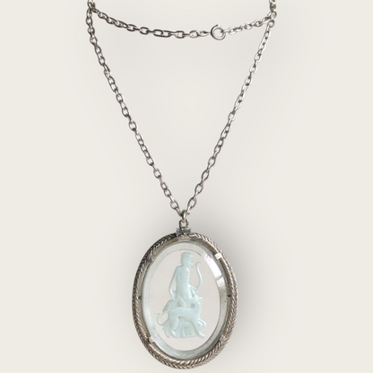 Vintage Avon Intaglio Glass Pendant Necklace – Huntress & Panther, Silver-Tone, 1970s