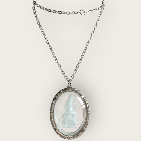 Vintage Avon Intaglio Glass Pendant Necklace – Huntress & Panther, Silver-Tone, 1970s