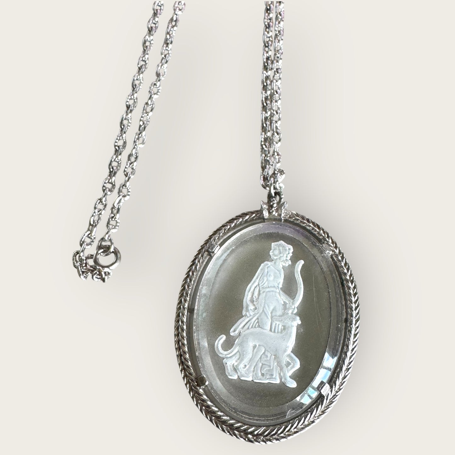 Vintage Avon Intaglio Glass Pendant Necklace – Huntress & Panther, Silver-Tone, 1970s