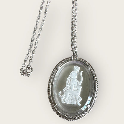 Vintage Avon Intaglio Glass Pendant Necklace – Huntress & Panther, Silver-Tone, 1970s