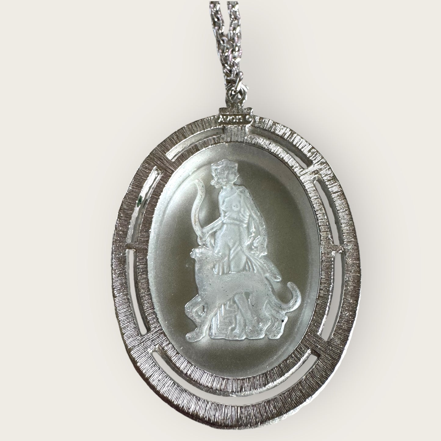 Vintage Avon Intaglio Glass Pendant Necklace – Huntress & Panther, Silver-Tone, 1970s