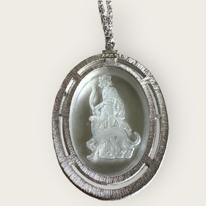 Vintage Avon Intaglio Glass Pendant Necklace – Huntress & Panther, Silver-Tone, 1970s