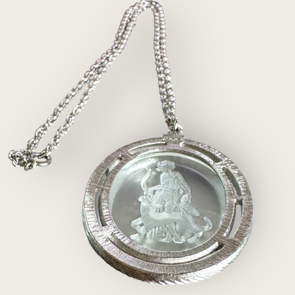 Vintage Avon Intaglio Glass Pendant Necklace – Huntress & Panther, Silver-Tone, 1970s