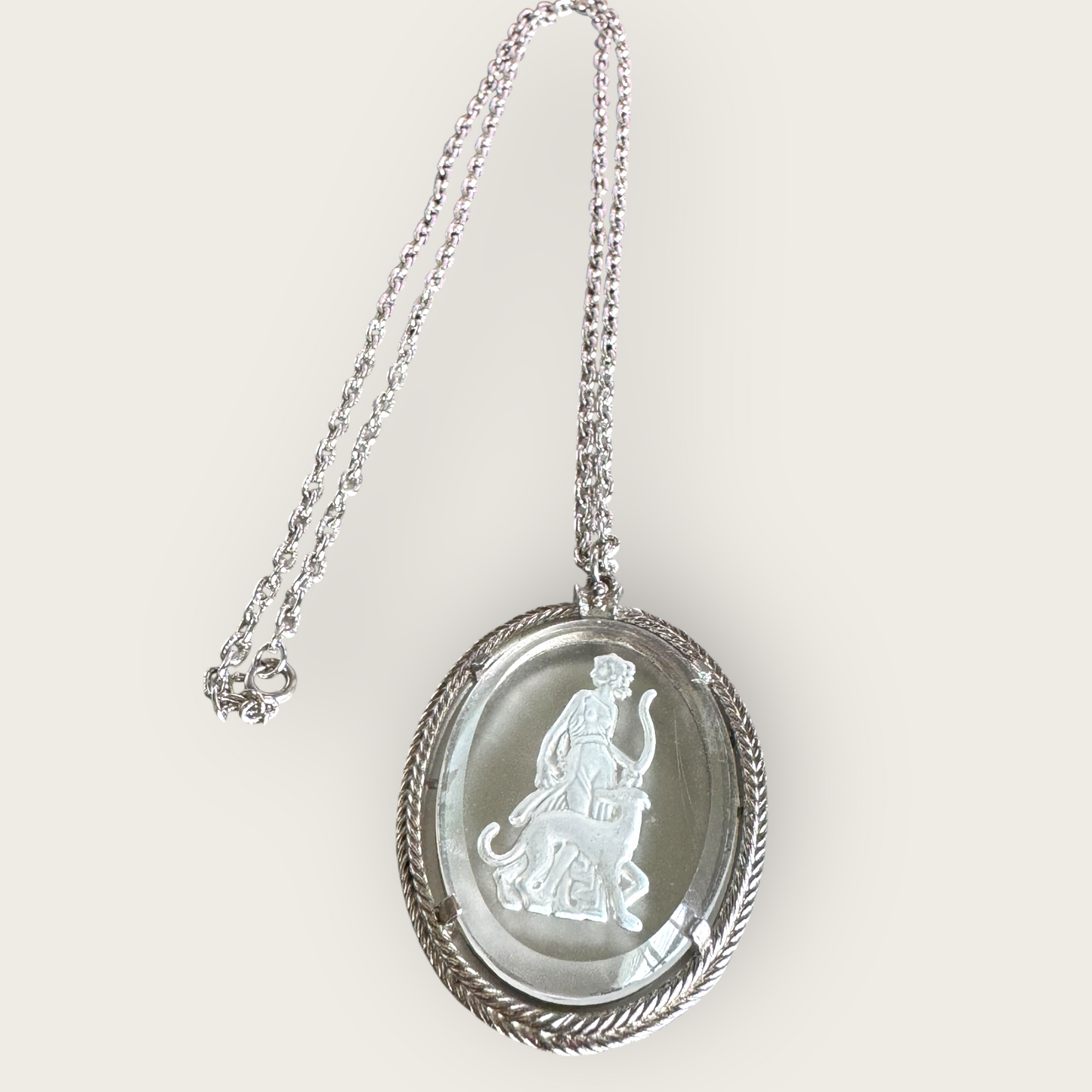 Vintage Avon Intaglio Glass Pendant Necklace – Huntress & Panther, Silver-Tone, 1970s