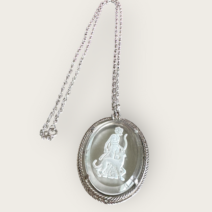 Vintage Avon Intaglio Glass Pendant Necklace – Huntress & Panther, Silver-Tone, 1970s