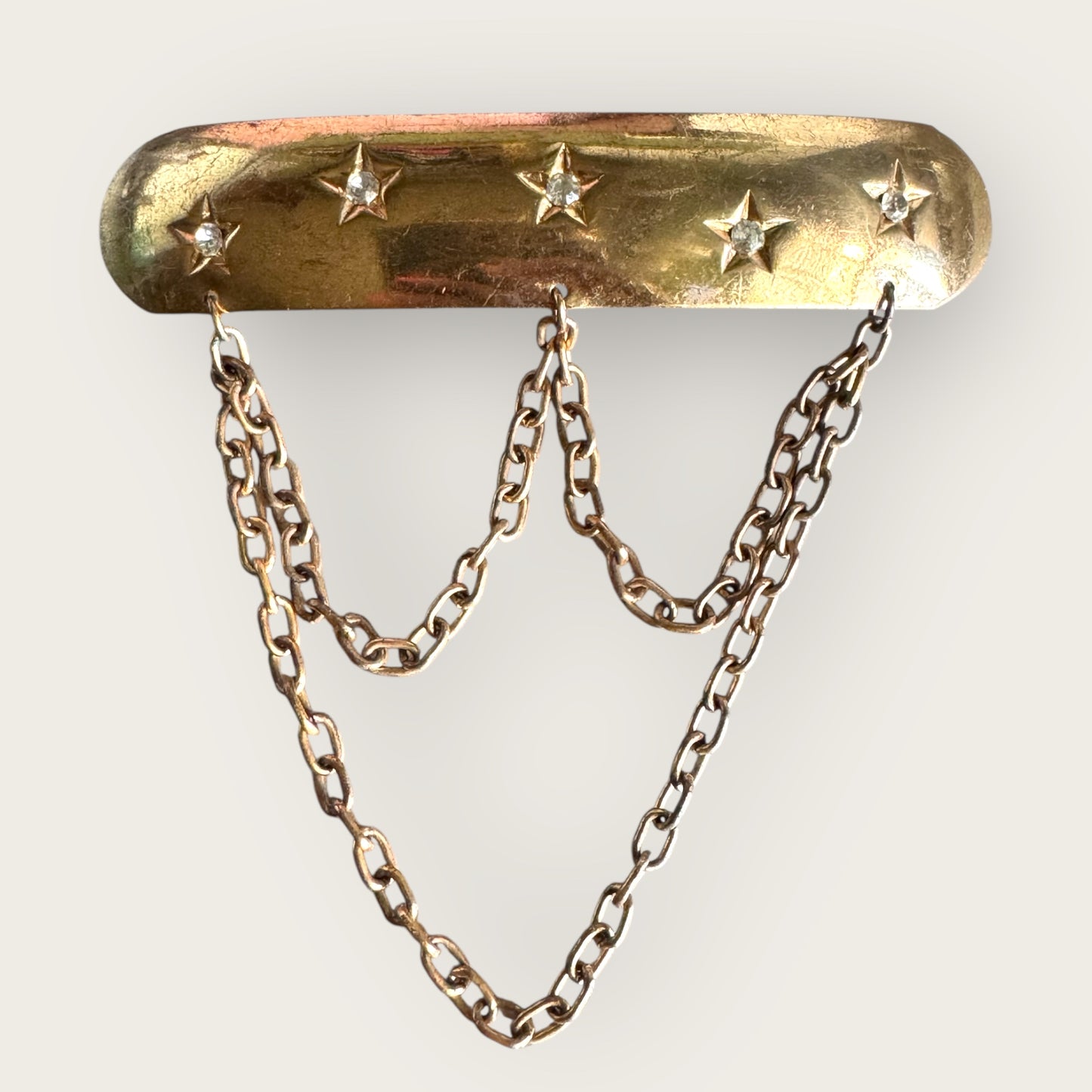 Vintage Gold-Tone Star Bar Brooch with Chain Swag – 5 Rhinestones, 4” Wide