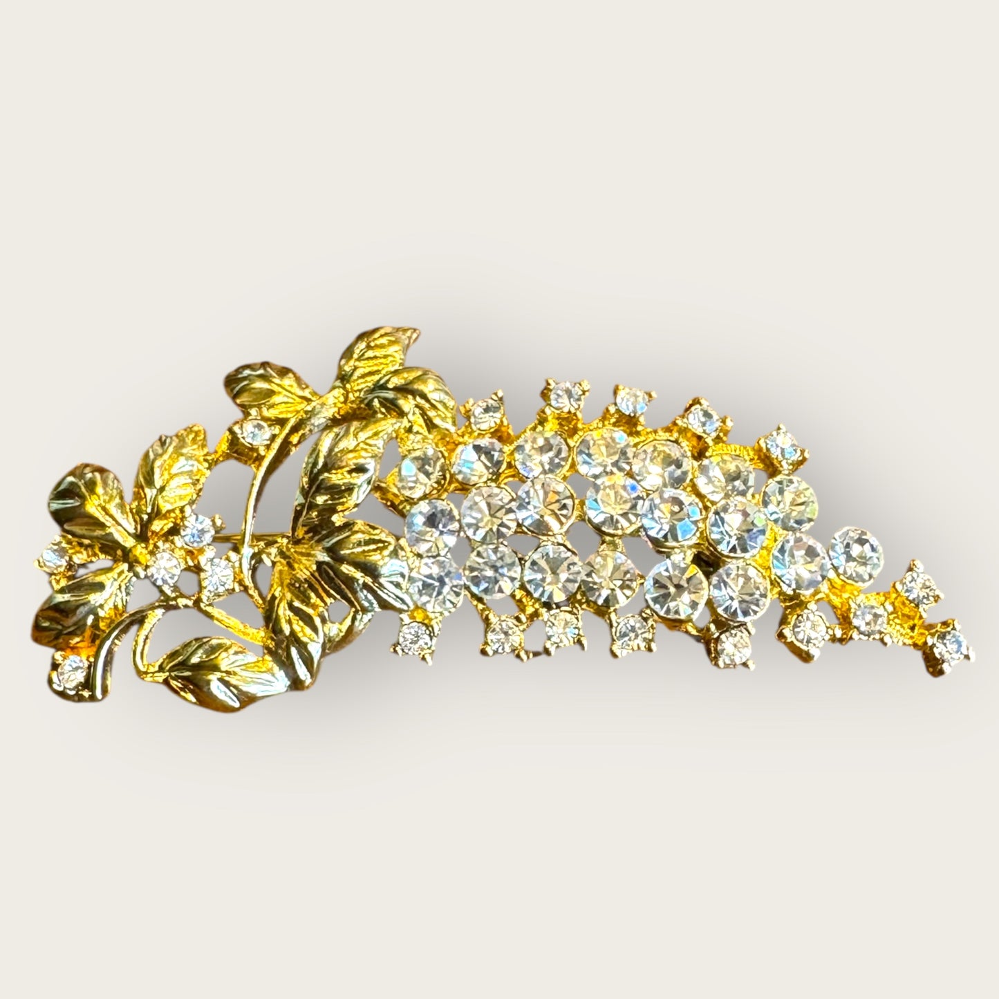 Vintage Gold-Tone Grapevine Brooch with Clear Crystal Clusters
