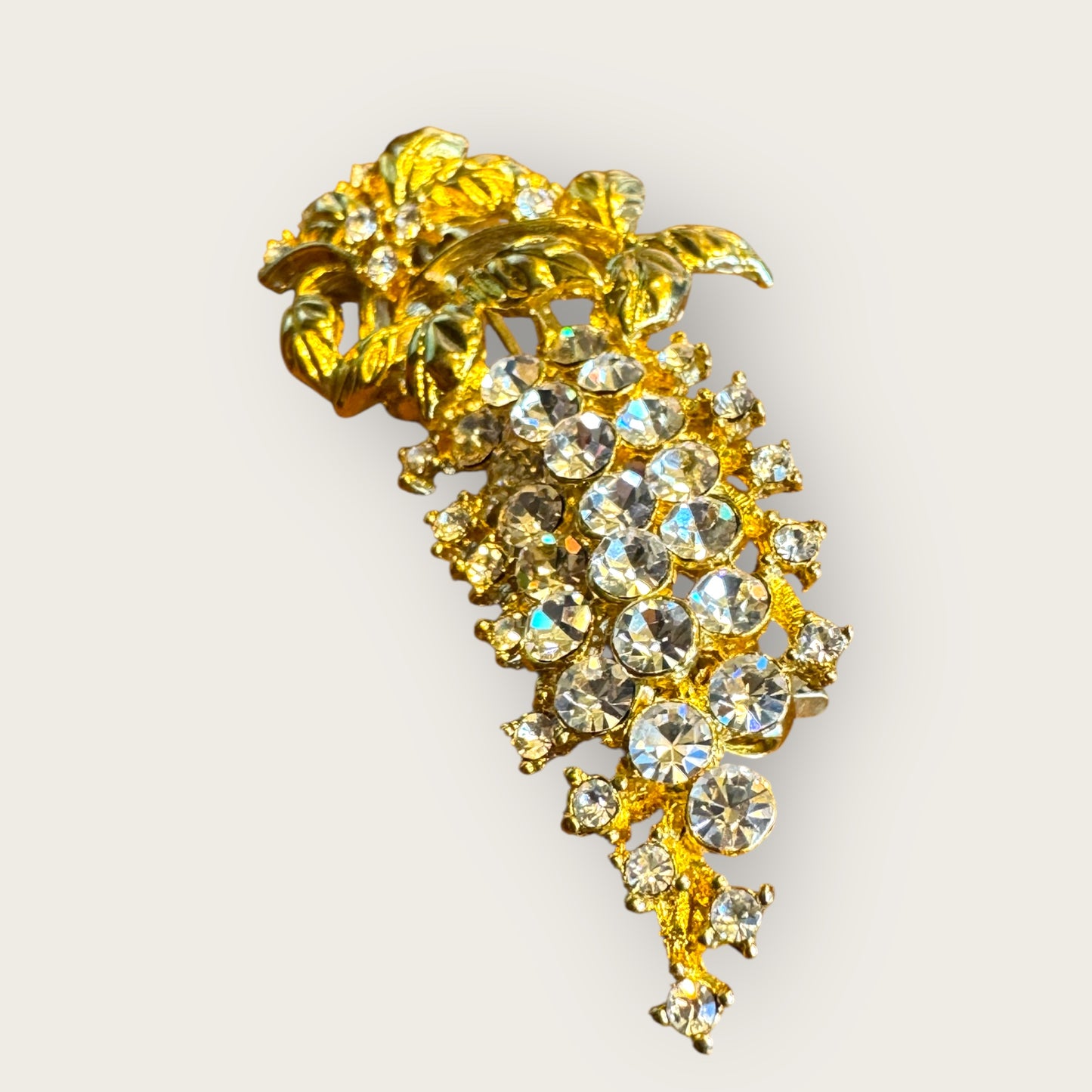 Vintage Gold-Tone Grapevine Brooch with Clear Crystal Clusters