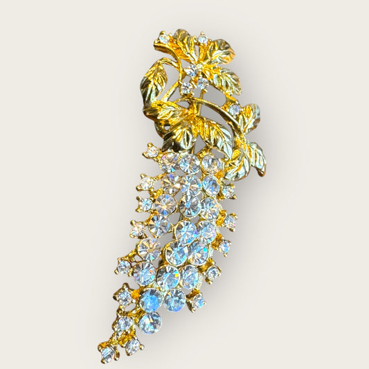 Vintage Gold-Tone Grapevine Brooch with Clear Crystal Clusters