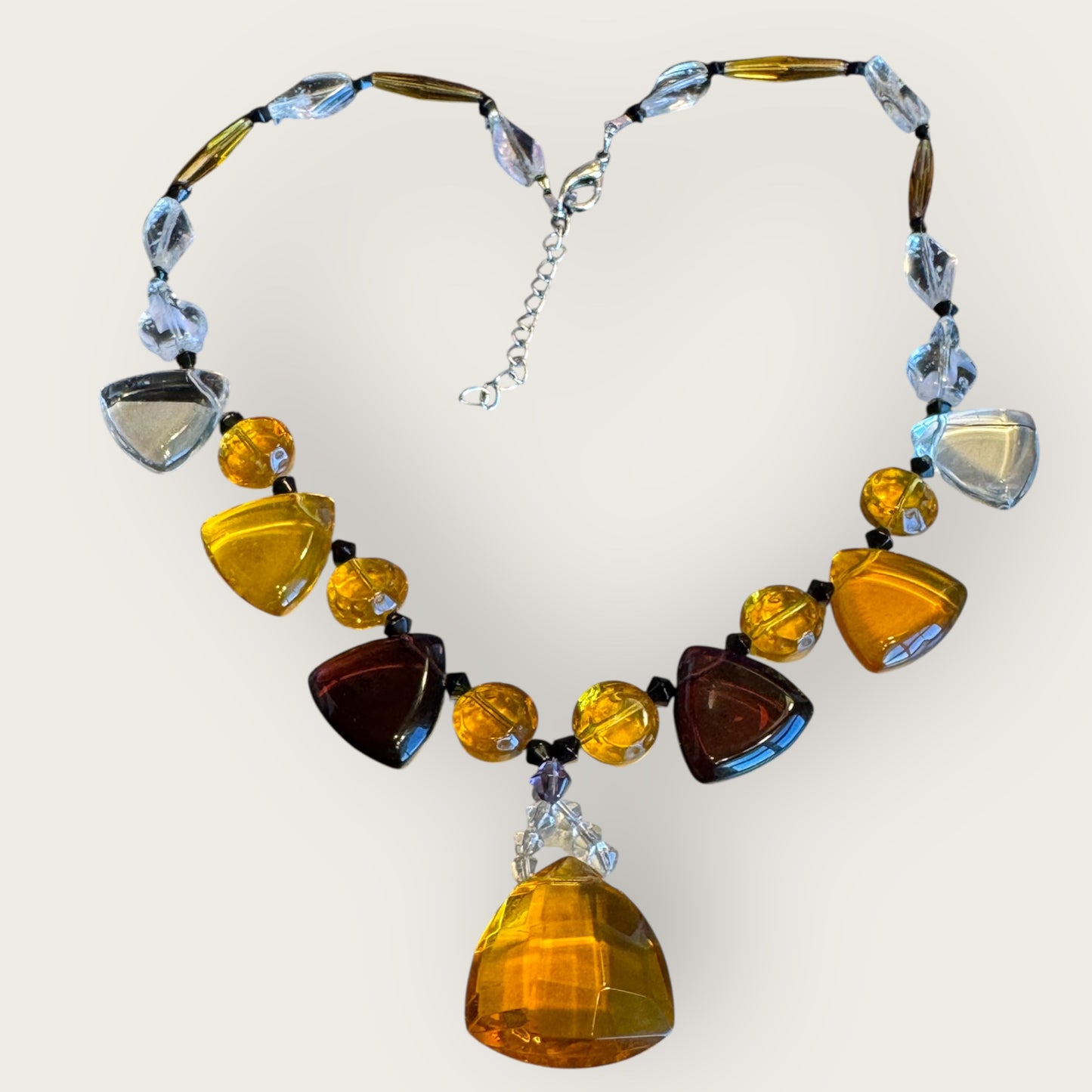 Vintage Geometric Glass Statement Necklace in Amber, Amethyst & Clear – Faceted Drop Pendant