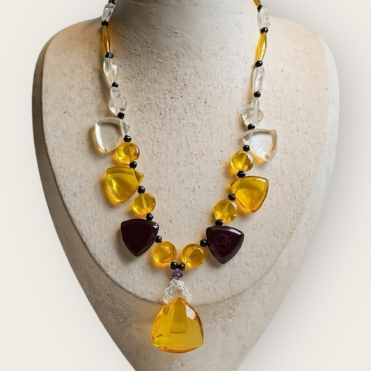 Vintage Geometric Glass Statement Necklace in Amber, Amethyst & Clear – Faceted Drop Pendant