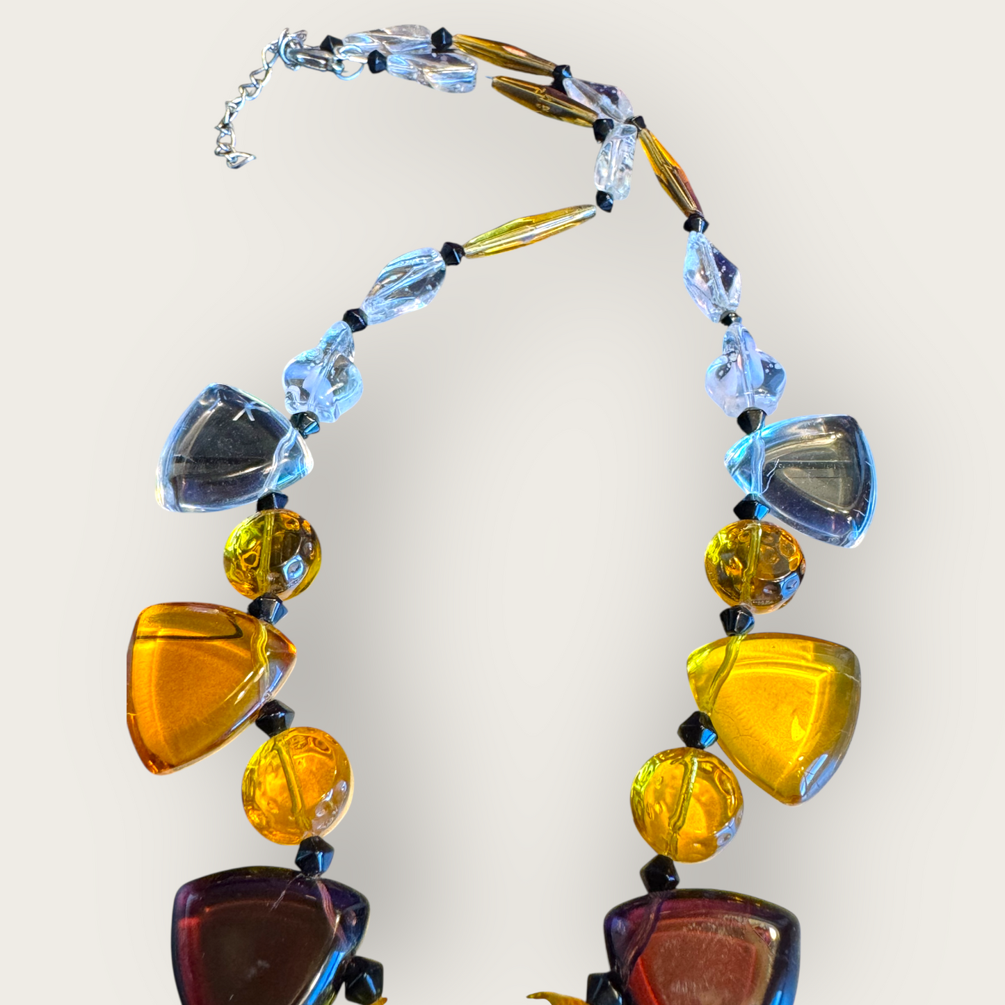 Vintage Geometric Glass Statement Necklace in Amber, Amethyst & Clear – Faceted Drop Pendant