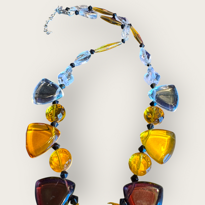 Vintage Geometric Glass Statement Necklace in Amber, Amethyst & Clear – Faceted Drop Pendant
