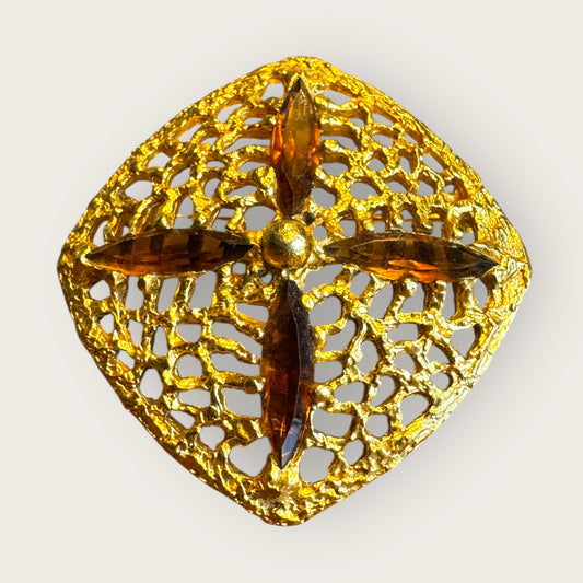 Vintage H P Inc. Brown Navette Rhinestone Filigree Gold-Tone Brooch – 1960s–1970s Statement Jewelry