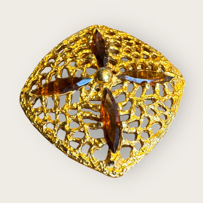 Vintage H P Inc. Brown Navette Rhinestone Filigree Gold-Tone Brooch – 1960s–1970s Statement Jewelry