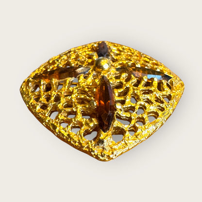 Vintage H P Inc. Brown Navette Rhinestone Filigree Gold-Tone Brooch – 1960s–1970s Statement Jewelry