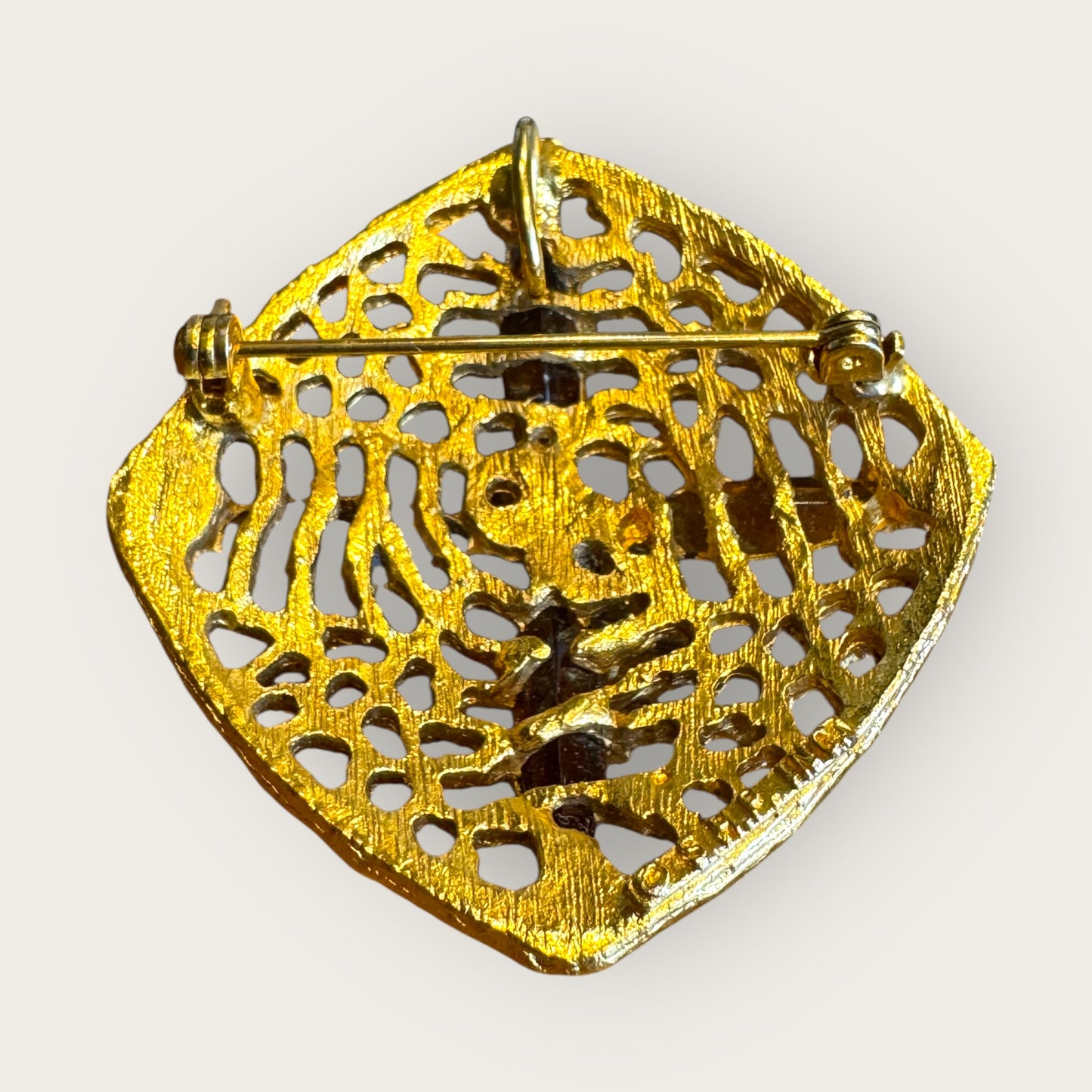 Vintage H P Inc. Brown Navette Rhinestone Filigree Gold-Tone Brooch – 1960s–1970s Statement Jewelry