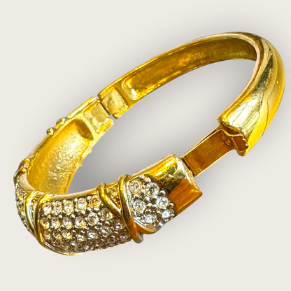 Vintage Pavé Crystal & Gold-Tone Hinged Bangle Bracelet – Unsigned Designer Quality