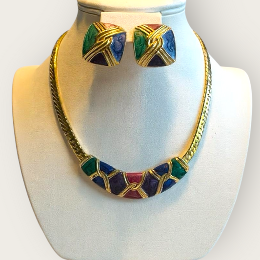 Vintage 80s/90s Enamel Necklace & Earring Set – Bold Retro Glam