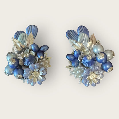 Signed Beau Jewels Vintage Blue Floral Cluster Clip-On Earrings – Mid-Century Statement Jewelry