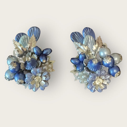 Signed Beau Jewels Vintage Blue Floral Cluster Clip-On Earrings – Mid-Century Statement Jewelry