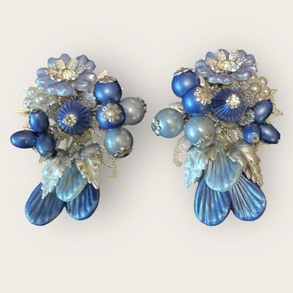 Signed Beau Jewels Vintage Blue Floral Cluster Clip-On Earrings – Mid-Century Statement Jewelry