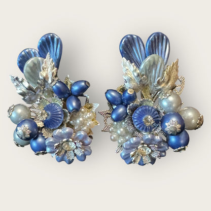 Signed Beau Jewels Vintage Blue Floral Cluster Clip-On Earrings – Mid-Century Statement Jewelry